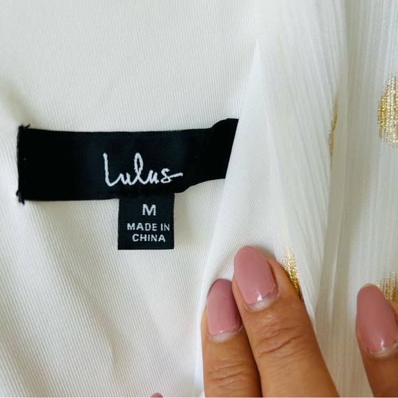 Lulus Cause to Celebrate White & Gold Dot Ruffled Tiered Midi Dress SizeM Magic - Picture 6 of 12